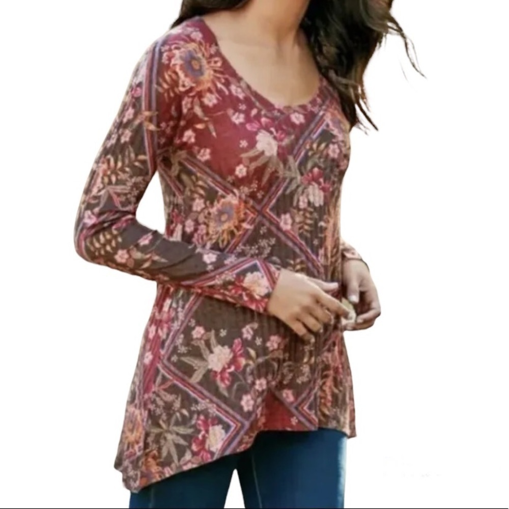 Soft Surroundings Alisanna Tunic Top Womens Medium Asymmetric Floral Patchwork
